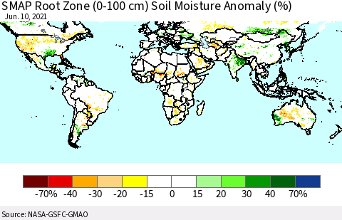 World SMAP Root Zone (0-100 cm) Soil Moisture Anomaly (%) Thematic Map For 6/6/2021 - 6/10/2021