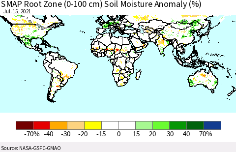 World SMAP Root Zone (0-100 cm) Soil Moisture Anomaly (%) Thematic Map For 7/11/2021 - 7/15/2021