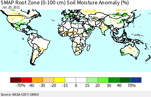 World SMAP Root Zone (0-100 cm) Soil Moisture Anomaly (%) Thematic Map For 7/16/2021 - 7/20/2021