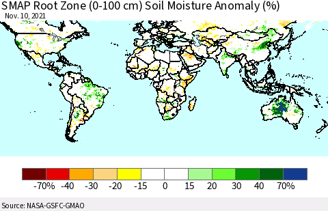 World SMAP Root Zone (0-100 cm) Soil Moisture Anomaly (%) Thematic Map For 11/6/2021 - 11/10/2021