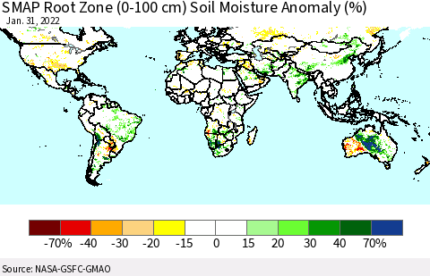 World SMAP Root Zone (0-100 cm) Soil Moisture Anomaly (%) Thematic Map For 1/26/2022 - 1/31/2022