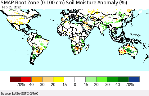 World SMAP Root Zone (0-100 cm) Soil Moisture Anomaly (%) Thematic Map For 2/21/2022 - 2/25/2022