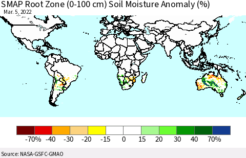 World SMAP Root Zone (0-100 cm) Soil Moisture Anomaly (%) Thematic Map For 3/1/2022 - 3/5/2022