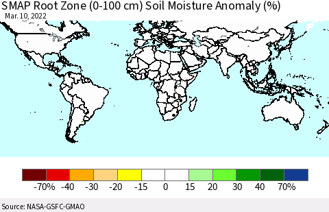 World SMAP Root Zone (0-100 cm) Soil Moisture Anomaly (%) Thematic Map For 3/6/2022 - 3/10/2022