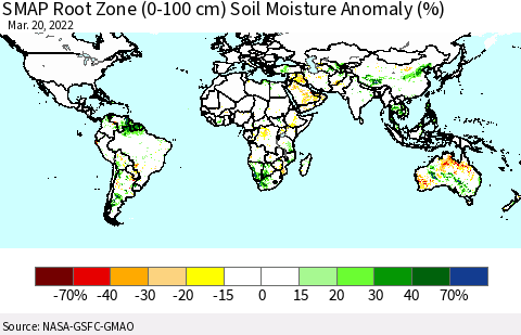 World SMAP Root Zone (0-100 cm) Soil Moisture Anomaly (%) Thematic Map For 3/16/2022 - 3/20/2022