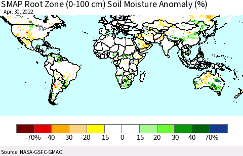World SMAP Root Zone (0-100 cm) Soil Moisture Anomaly (%) Thematic Map For 4/26/2022 - 4/30/2022