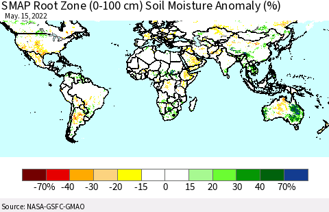 World SMAP Root Zone (0-100 cm) Soil Moisture Anomaly (%) Thematic Map For 5/11/2022 - 5/15/2022