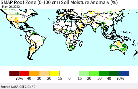 World SMAP Root Zone (0-100 cm) Soil Moisture Anomaly (%) Thematic Map For 5/16/2022 - 5/20/2022