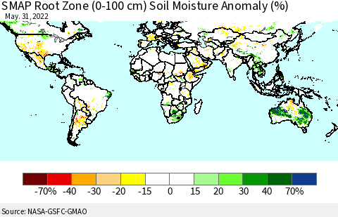 World SMAP Root Zone (0-100 cm) Soil Moisture Anomaly (%) Thematic Map For 5/26/2022 - 5/31/2022