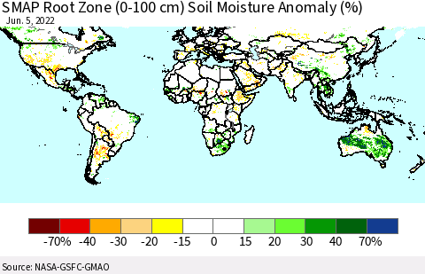 World SMAP Root Zone (0-100 cm) Soil Moisture Anomaly (%) Thematic Map For 6/1/2022 - 6/5/2022