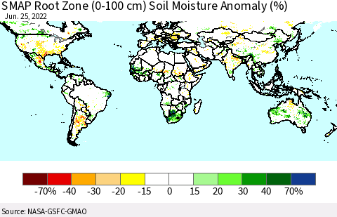 World SMAP Root Zone (0-100 cm) Soil Moisture Anomaly (%) Thematic Map For 6/21/2022 - 6/25/2022
