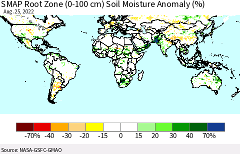 World SMAP Root Zone (0-100 cm) Soil Moisture Anomaly (%) Thematic Map For 8/21/2022 - 8/25/2022