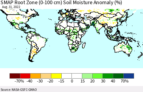 World SMAP Root Zone (0-100 cm) Soil Moisture Anomaly (%) Thematic Map For 8/26/2022 - 8/31/2022