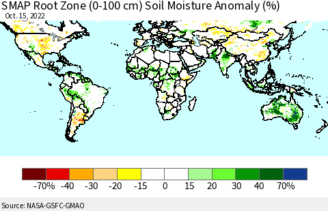 World SMAP Root Zone (0-100 cm) Soil Moisture Anomaly (%) Thematic Map For 10/11/2022 - 10/15/2022
