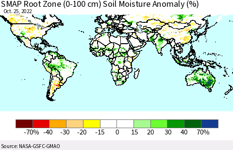 World SMAP Root Zone (0-100 cm) Soil Moisture Anomaly (%) Thematic Map For 10/21/2022 - 10/25/2022