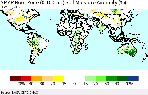 World SMAP Root Zone (0-100 cm) Soil Moisture Anomaly (%) Thematic Map For 10/26/2022 - 10/31/2022