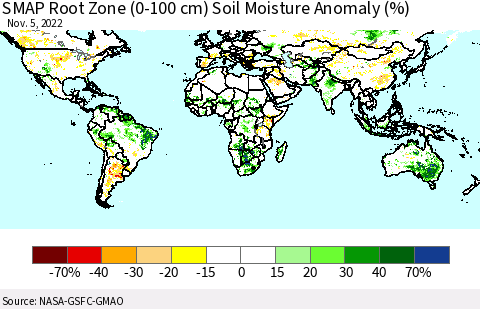 World SMAP Root Zone (0-100 cm) Soil Moisture Anomaly (%) Thematic Map For 11/1/2022 - 11/5/2022