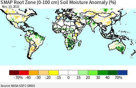 World SMAP Root Zone (0-100 cm) Soil Moisture Anomaly (%) Thematic Map For 11/6/2022 - 11/10/2022