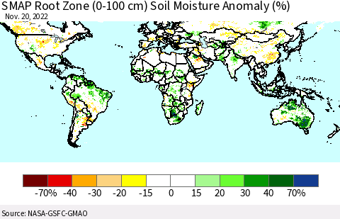 World SMAP Root Zone (0-100 cm) Soil Moisture Anomaly (%) Thematic Map For 11/16/2022 - 11/20/2022