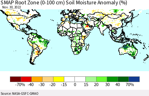 World SMAP Root Zone (0-100 cm) Soil Moisture Anomaly (%) Thematic Map For 11/26/2022 - 11/30/2022