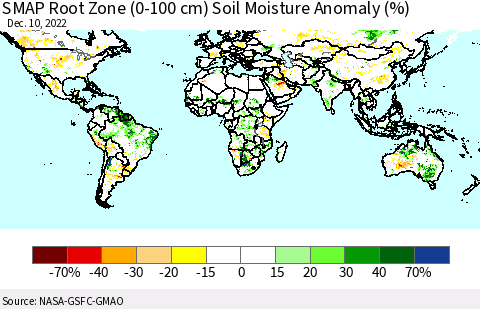 World SMAP Root Zone (0-100 cm) Soil Moisture Anomaly (%) Thematic Map For 12/6/2022 - 12/10/2022