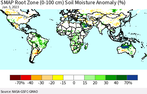 World SMAP Root Zone (0-100 cm) Soil Moisture Anomaly (%) Thematic Map For 1/1/2023 - 1/5/2023