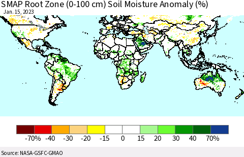 World SMAP Root Zone (0-100 cm) Soil Moisture Anomaly (%) Thematic Map For 1/11/2023 - 1/15/2023