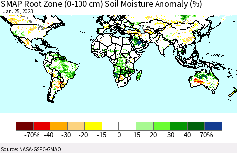 World SMAP Root Zone (0-100 cm) Soil Moisture Anomaly (%) Thematic Map For 1/21/2023 - 1/25/2023