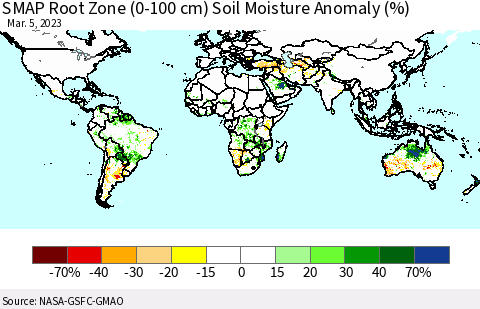World SMAP Root Zone (0-100 cm) Soil Moisture Anomaly (%) Thematic Map For 3/1/2023 - 3/5/2023