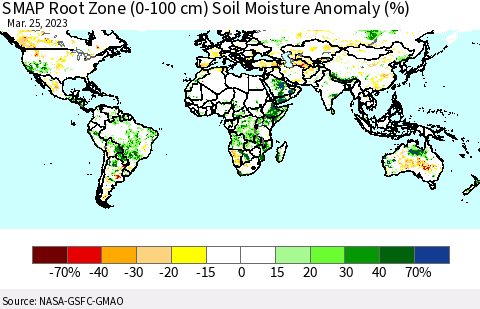 World SMAP Root Zone (0-100 cm) Soil Moisture Anomaly (%) Thematic Map For 3/21/2023 - 3/25/2023