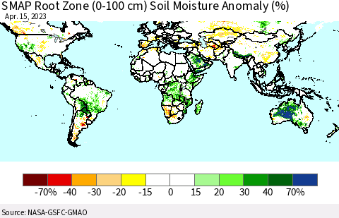 World SMAP Root Zone (0-100 cm) Soil Moisture Anomaly (%) Thematic Map For 4/11/2023 - 4/15/2023