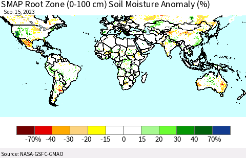 World SMAP Root Zone (0-100 cm) Soil Moisture Anomaly (%) Thematic Map For 9/11/2023 - 9/15/2023