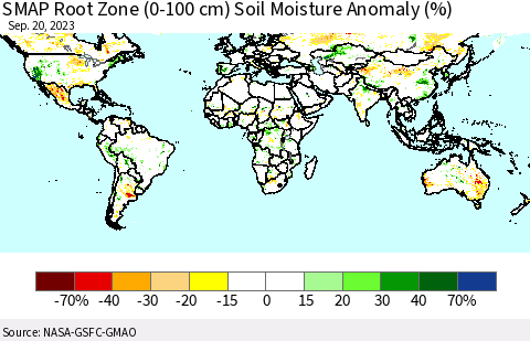 World SMAP Root Zone (0-100 cm) Soil Moisture Anomaly (%) Thematic Map For 9/16/2023 - 9/20/2023