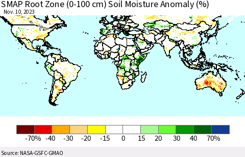 World SMAP Root Zone (0-100 cm) Soil Moisture Anomaly (%) Thematic Map For 11/6/2023 - 11/10/2023