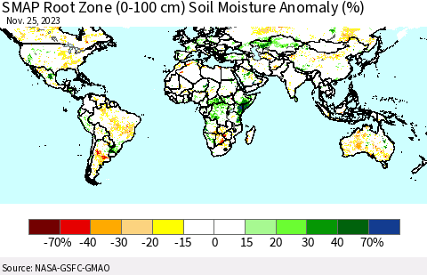 World SMAP Root Zone (0-100 cm) Soil Moisture Anomaly (%) Thematic Map For 11/21/2023 - 11/25/2023