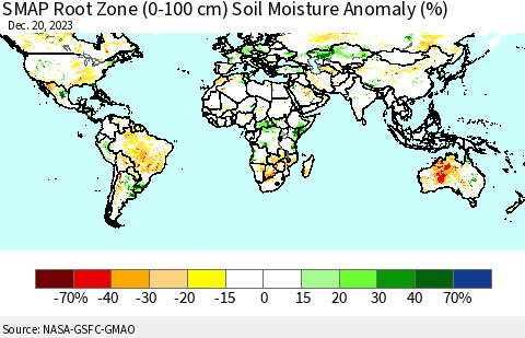 World SMAP Root Zone (0-100 cm) Soil Moisture Anomaly (%) Thematic Map For 12/16/2023 - 12/20/2023