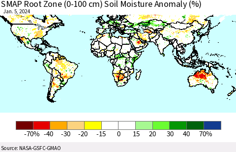 World SMAP Root Zone (0-100 cm) Soil Moisture Anomaly (%) Thematic Map For 1/1/2024 - 1/5/2024