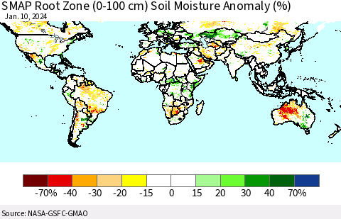 World SMAP Root Zone (0-100 cm) Soil Moisture Anomaly (%) Thematic Map For 1/6/2024 - 1/10/2024