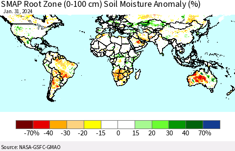 World SMAP Root Zone (0-100 cm) Soil Moisture Anomaly (%) Thematic Map For 1/26/2024 - 1/31/2024