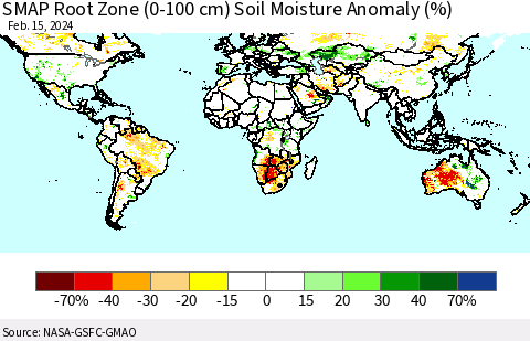 World SMAP Root Zone (0-100 cm) Soil Moisture Anomaly (%) Thematic Map For 2/11/2024 - 2/15/2024
