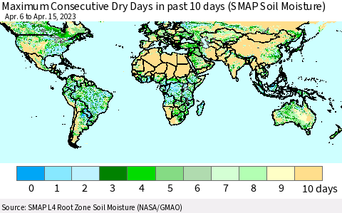 World Maximum Consecutive Dry Days in past 10 days (SMAP Soil Moisture) Thematic Map For 4/11/2023 - 4/15/2023