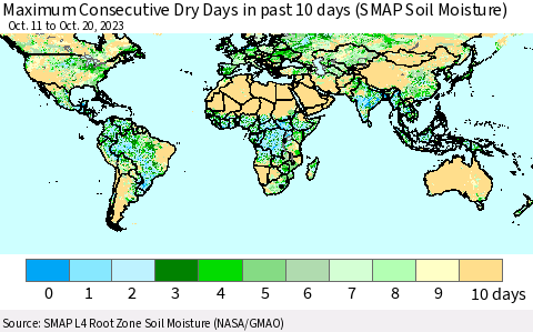 World Maximum Consecutive Dry Days in past 10 days (SMAP Soil Moisture) Thematic Map For 10/16/2023 - 10/20/2023