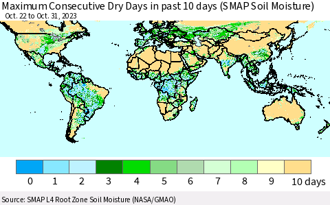 World Maximum Consecutive Dry Days in past 10 days (SMAP Soil Moisture) Thematic Map For 10/26/2023 - 10/31/2023