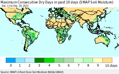 World Maximum Consecutive Dry Days in past 10 days (SMAP Soil Moisture) Thematic Map For 12/16/2023 - 12/20/2023