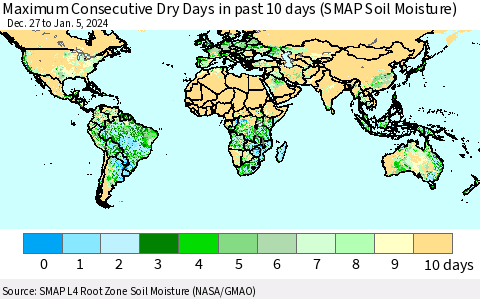 World Maximum Consecutive Dry Days in past 10 days (SMAP Soil Moisture) Thematic Map For 1/1/2024 - 1/5/2024