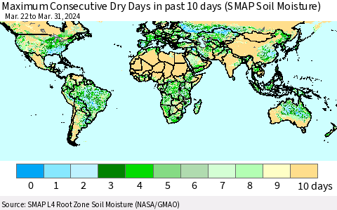 World Maximum Consecutive Dry Days in past 10 days (SMAP Soil Moisture) Thematic Map For 3/26/2024 - 3/31/2024