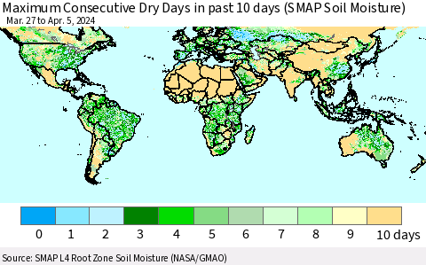 World Maximum Consecutive Dry Days in past 10 days (SMAP Soil Moisture) Thematic Map For 4/1/2024 - 4/5/2024