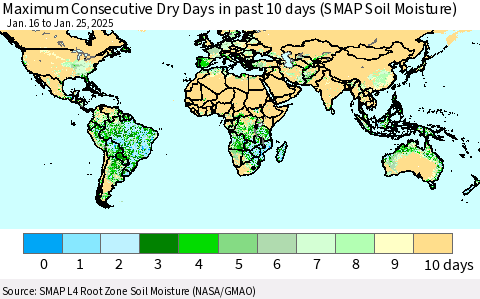 World Maximum Consecutive Dry Days in past 10 days (SMAP Soil Moisture) Thematic Map For 1/21/2025 - 1/25/2025