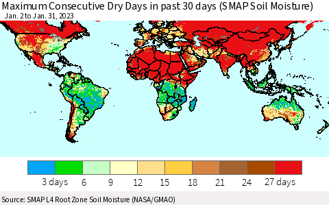 World Maximum Consecutive Dry Days in past 30 days (SMAP Soil Moisture) Thematic Map For 1/26/2023 - 1/31/2023