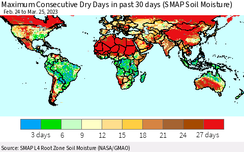 World Maximum Consecutive Dry Days in past 30 days (SMAP Soil Moisture) Thematic Map For 3/21/2023 - 3/25/2023